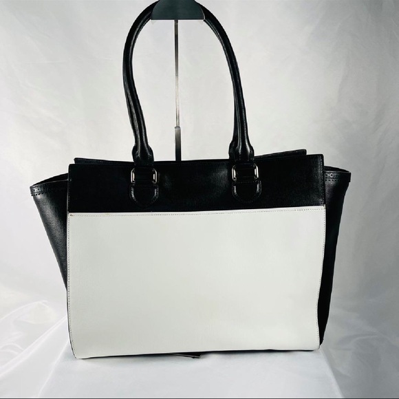 Cole Haan Leather Tote Bag Black White Colorblock Purse w Tassel - Picture 9 of 15